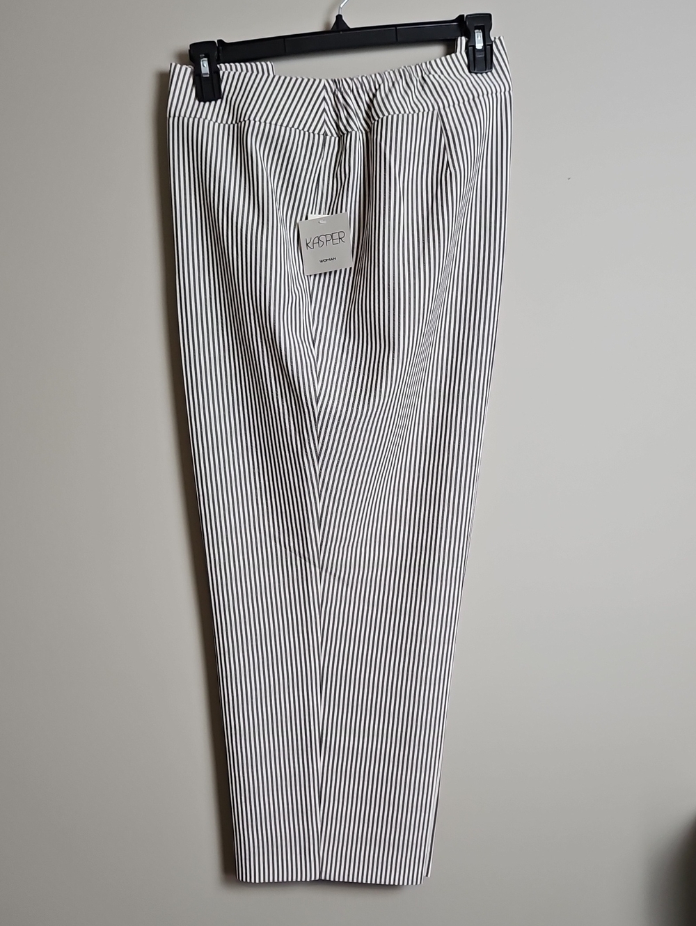 Kasper Mid Rise Straight Leg Plus Pants: Grey/White Seersucker Striped: Size-24W